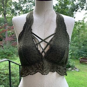Victoria’s Secret Olive Lace Halter Bralette Small Medium adjustable crop top